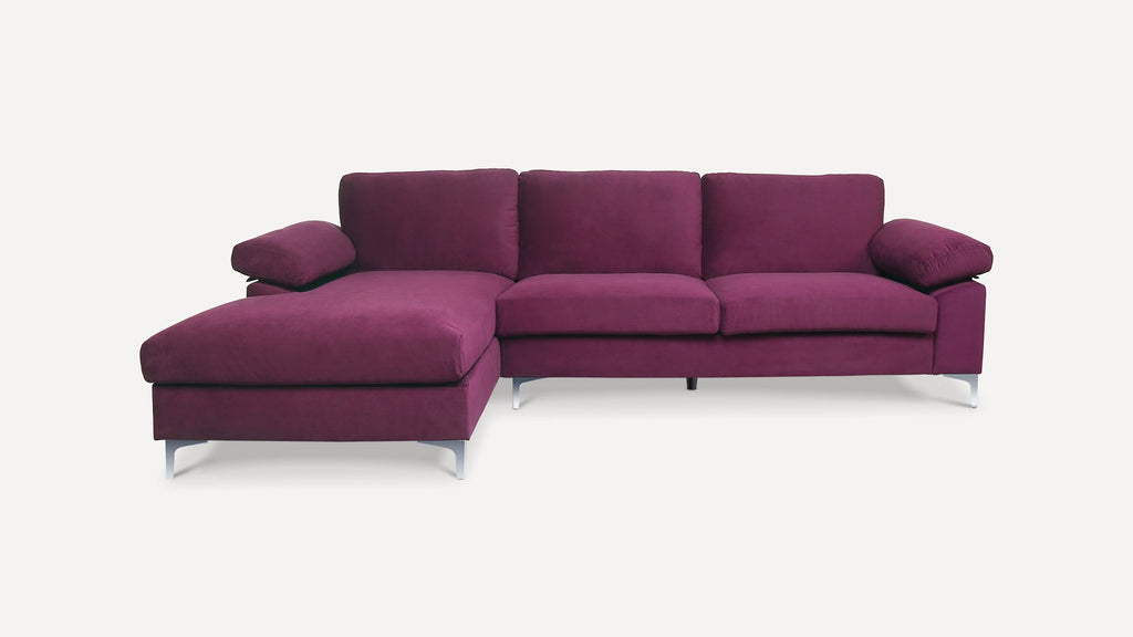 Purple Sectional Sofa with Lounger Chaise, Overstuffed 3 Seater Velvet Fabric Couch L-Shaped Sofa Extra Wide Armrest  Lounger Chaise