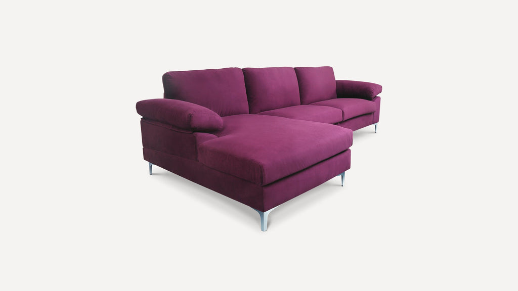 Purple Sectional Sofa with Lounger Chaise, Overstuffed 3 Seater Velvet Fabric Couch L-Shaped Sofa Extra Wide Armrest  Lounger Chaise