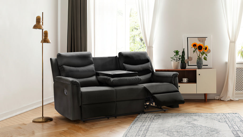 Recliner Chair Faux Leather Upholstered Manual Pull-Tab Reclining Sofa, 3 seat Reclining Sofa with Cup Holder,3-Seater with Flipped Middle Backrest