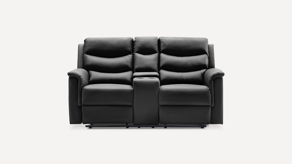 Recliner Chair Faux Leather Upholstered Manual Pull-Tab Reclining Sofa,Loveseats Reclining Sofa,2-Seater with Flipped Middle Backrest,Black