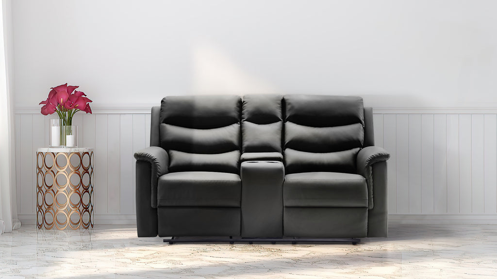 Recliner Chair Faux Leather Upholstered Manual Pull-Tab Reclining Sofa,Loveseats Reclining Sofa,2-Seater with Flipped Middle Backrest,Black