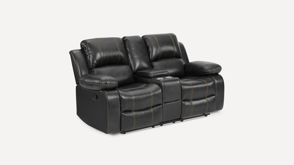 2 Seater Faux Leather Upholstered Reclining loveseat with storage console Recliner with Adjustable Headrest and Positions, Cup Holders