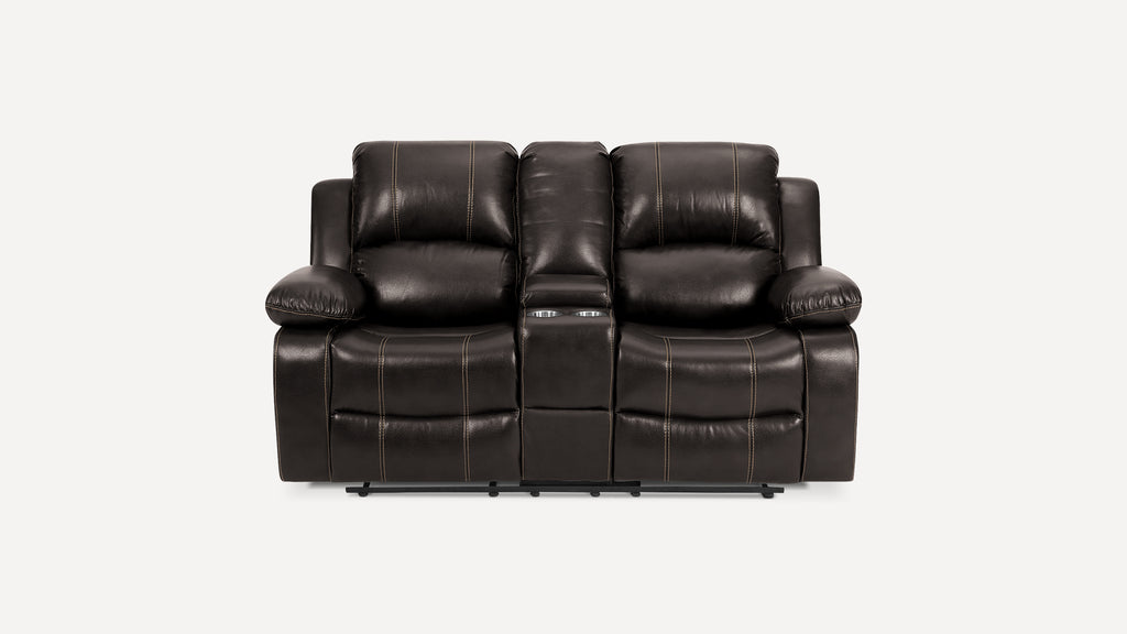 2 Seater Faux Leather Upholstered Reclining loveseat with storage console Recliner with Adjustable Headrest and Positions, Cup Holders