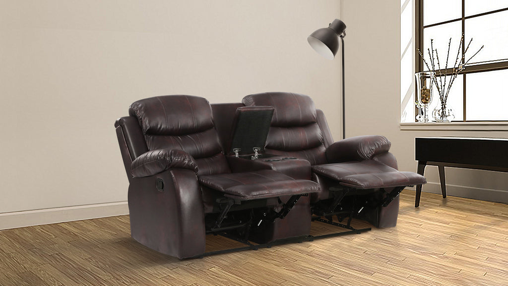 Reclining Modern Faux Leather Seating, Recliner Loveseat, top arm and Fold-Down Reclining Sofa with with Console Pillow Brown