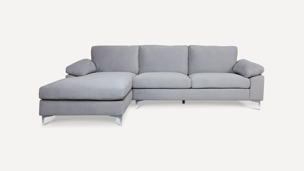 Grey Sectional Sofa with Lounger Chaise, Overstuffed 3 Seater Velvet Fabric Couch L-Shaped Sofa Extra Wide Armrest  Lounger Chaise