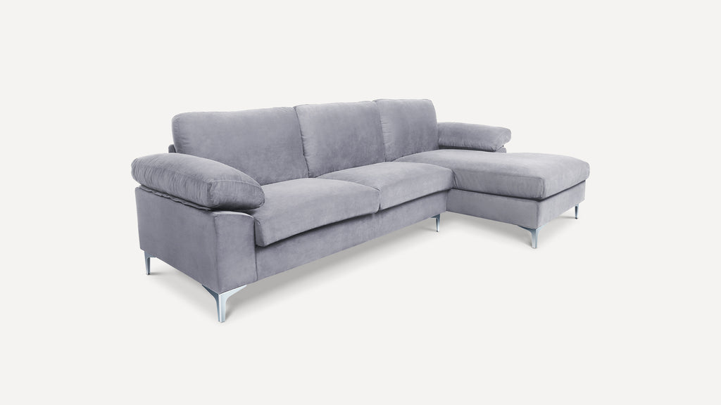Grey Sectional Sofa with Lounger Chaise, Overstuffed 3 Seater Velvet Fabric Couch L-Shaped Sofa Extra Wide Armrest  Lounger Chaise