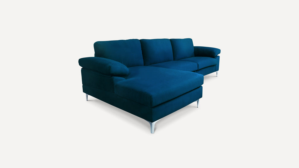 Blue Sectional Sofa with Lounger Chaise, Overstuffed 3 Seater Velvet Fabric Couch L-Shaped Sofa Extra Wide Armrest  Lounger Chaise