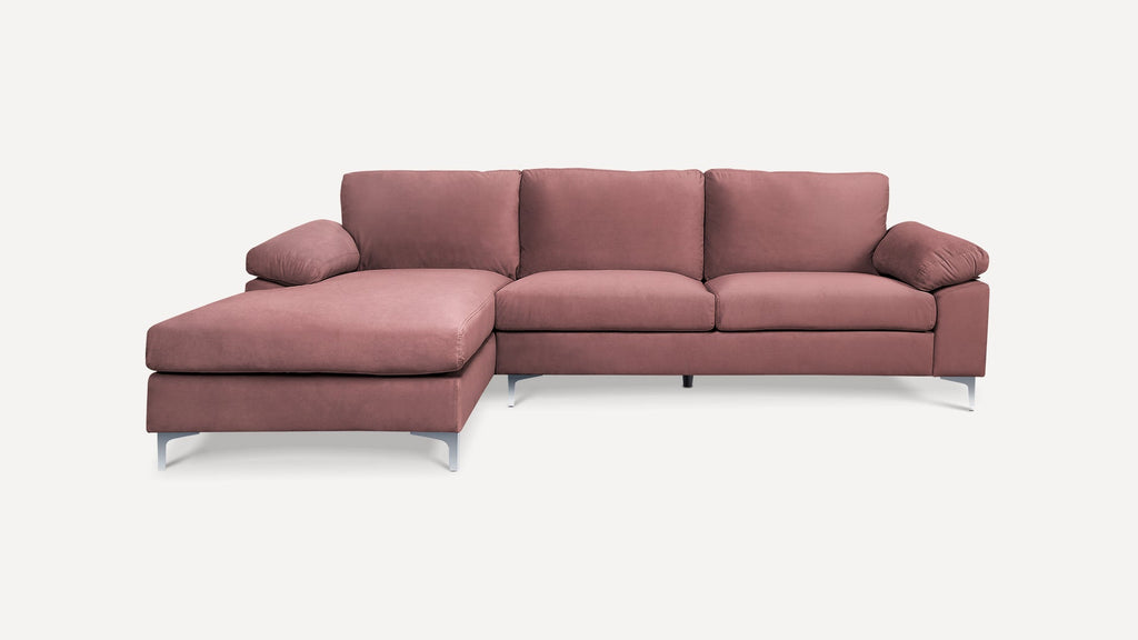 Pink Sectional Sofa with Lounger Chaise, Overstuffed 3 Seater Velvet Fabric Couch L-Shaped Sofa Extra Wide Armrest  Lounger Chaise