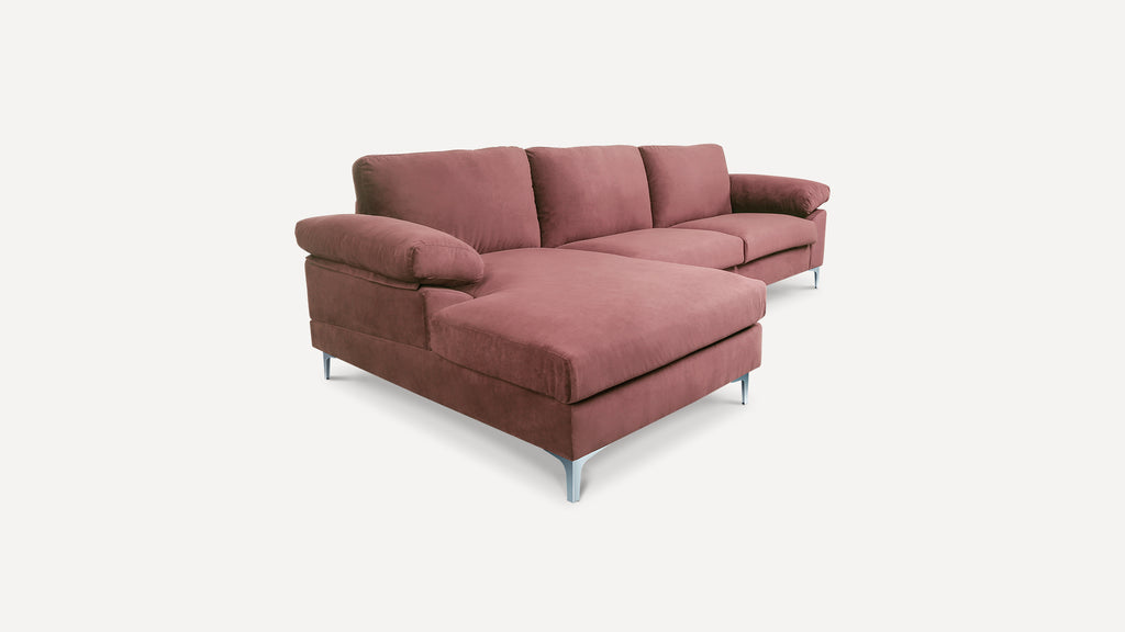 Pink Sectional Sofa with Lounger Chaise, Overstuffed 3 Seater Velvet Fabric Couch L-Shaped Sofa Extra Wide Armrest  Lounger Chaise