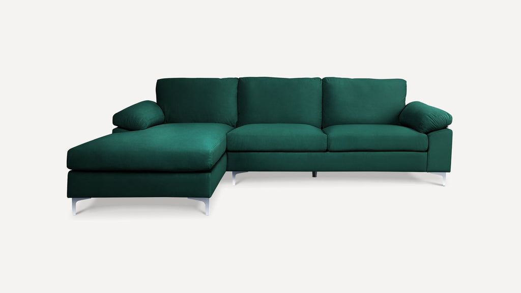 Green Sectional Sofa with Lounger Chaise, Overstuffed 3 Seater Velvet Fabric Couch L-Shaped Sofa Extra Wide Armrest  Lounger Chaise