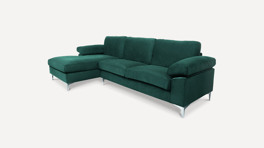 Green Sectional Sofa with Lounger Chaise, Overstuffed 3 Seater Velvet Fabric Couch L-Shaped Sofa Extra Wide Armrest  Lounger Chaise